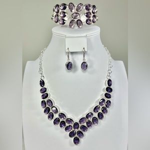 Amethyst 925 Large Necklace & Earrings Synthetic Gemstone Set ONLY